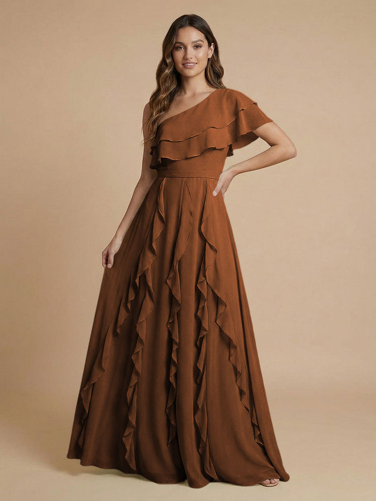 Chiffon A-Line One Shoulder Long Bridesmaid Dresses with Ruffles