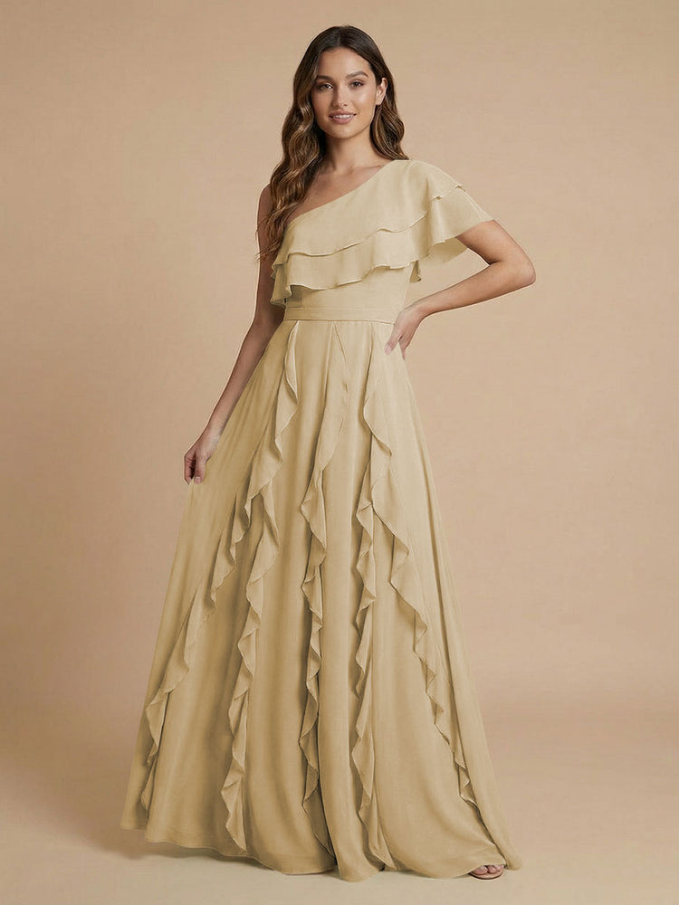 Chiffon A-Line One Shoulder Long Bridesmaid Dresses with Ruffles