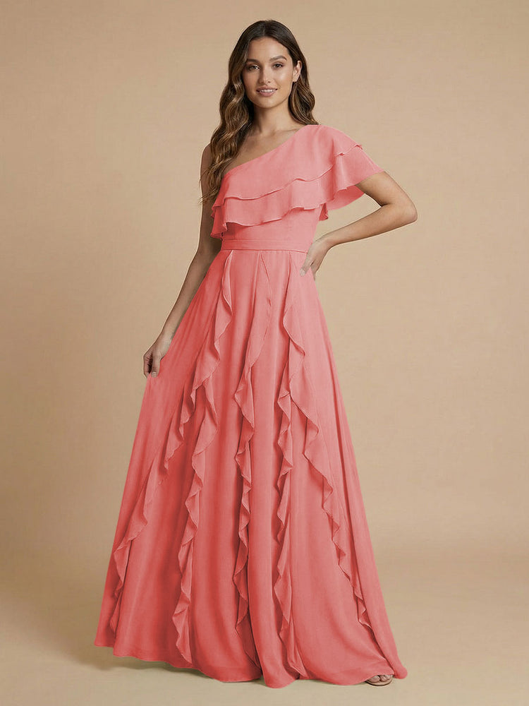 Chiffon A-Line One Shoulder Long Bridesmaid Dresses with Ruffles