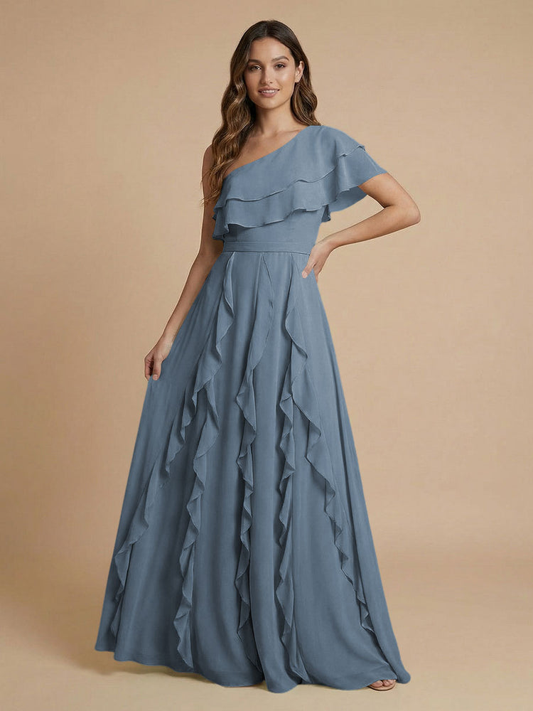 Chiffon A-Line One Shoulder Long Bridesmaid Dresses with Ruffles