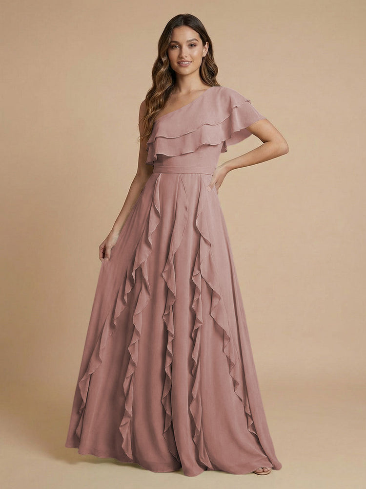 Chiffon A-Line One Shoulder Long Bridesmaid Dresses with Ruffles