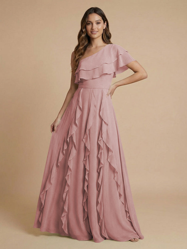 Chiffon A-Line One Shoulder Long Bridesmaid Dresses with Ruffles