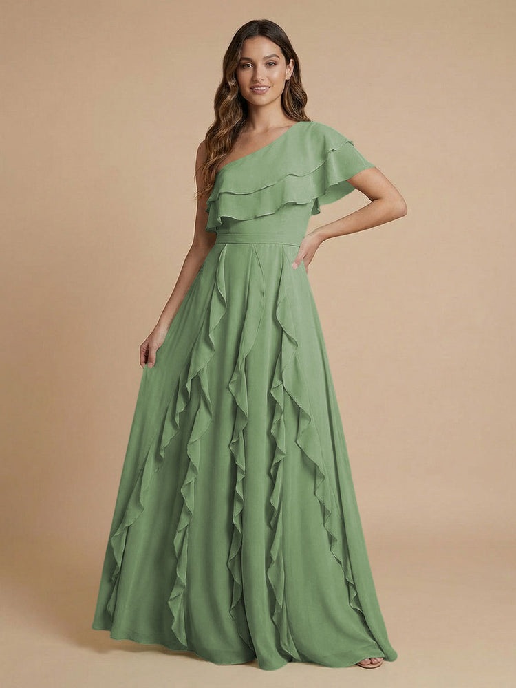 Chiffon A-Line One Shoulder Long Bridesmaid Dresses with Ruffles