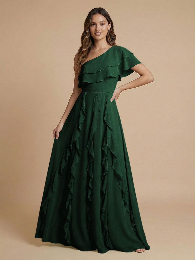 Chiffon A-Line One Shoulder Long Bridesmaid Dresses with Ruffles