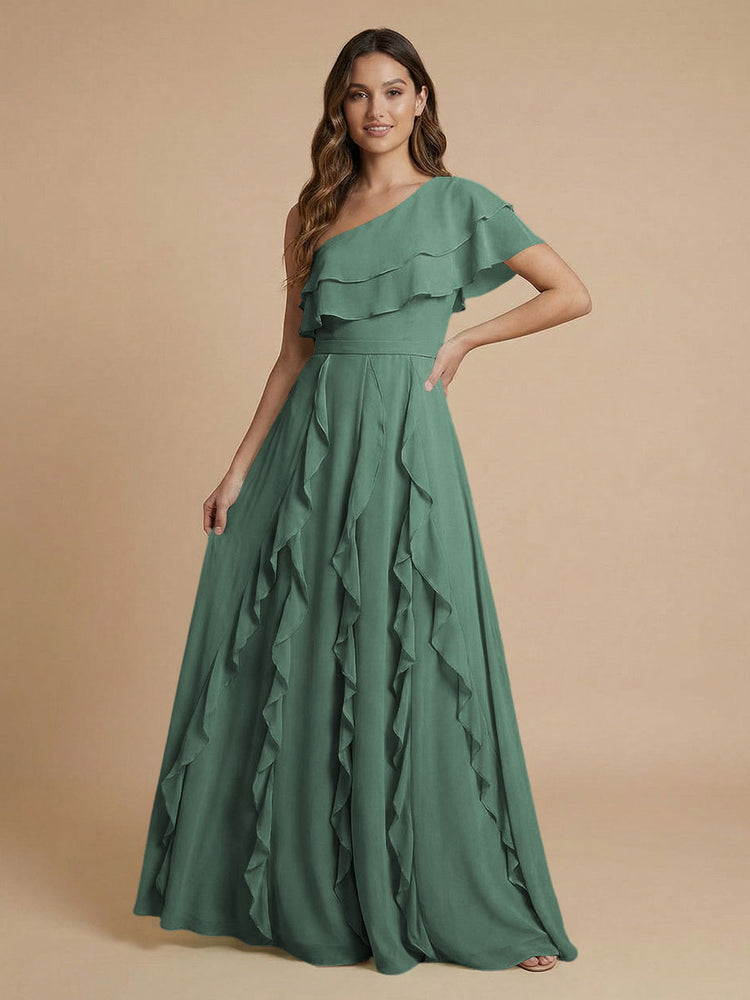 Chiffon A-Line One Shoulder Long Bridesmaid Dresses with Ruffles