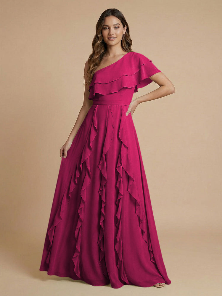 Chiffon A-Line One Shoulder Long Bridesmaid Dresses with Ruffles