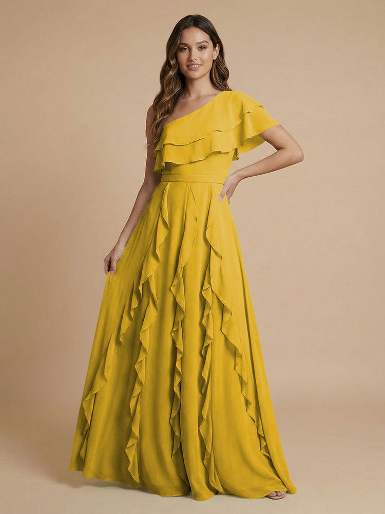 Chiffon A-Line One Shoulder Long Bridesmaid Dresses with Ruffles