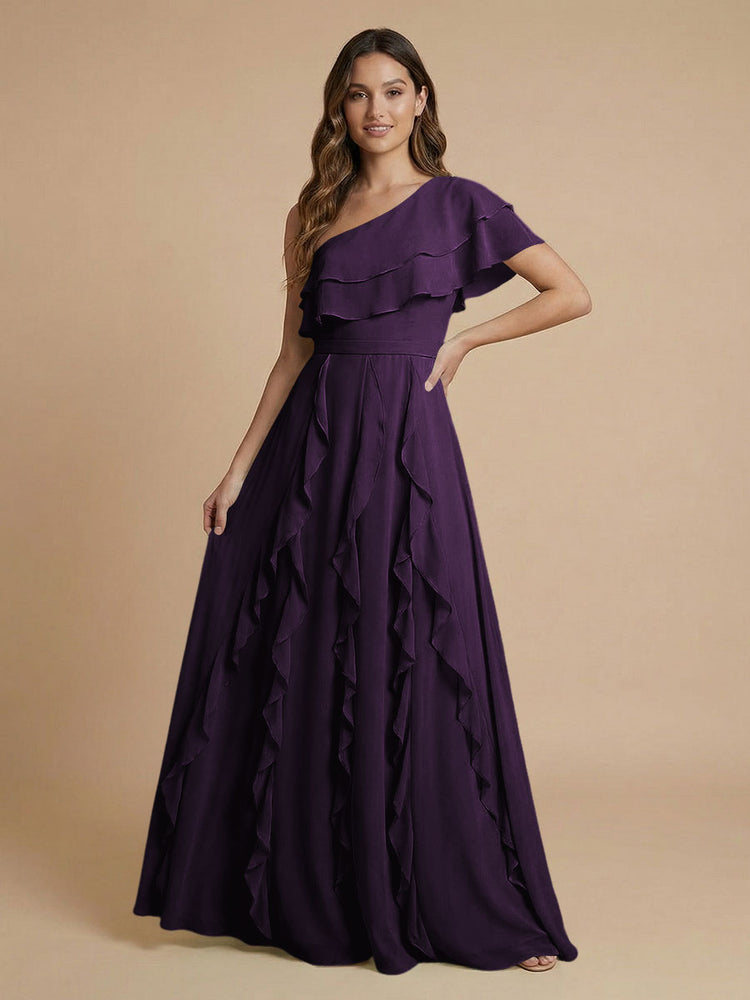 Chiffon A-Line One Shoulder Long Bridesmaid Dresses with Ruffles