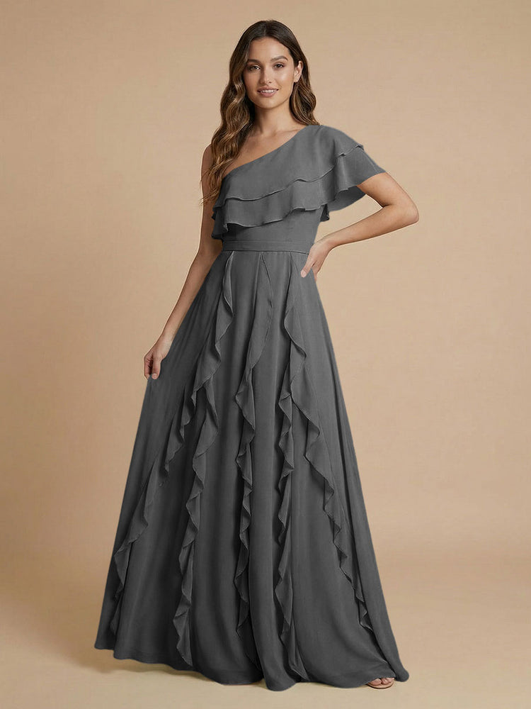 Chiffon A-Line One Shoulder Long Bridesmaid Dresses with Ruffles