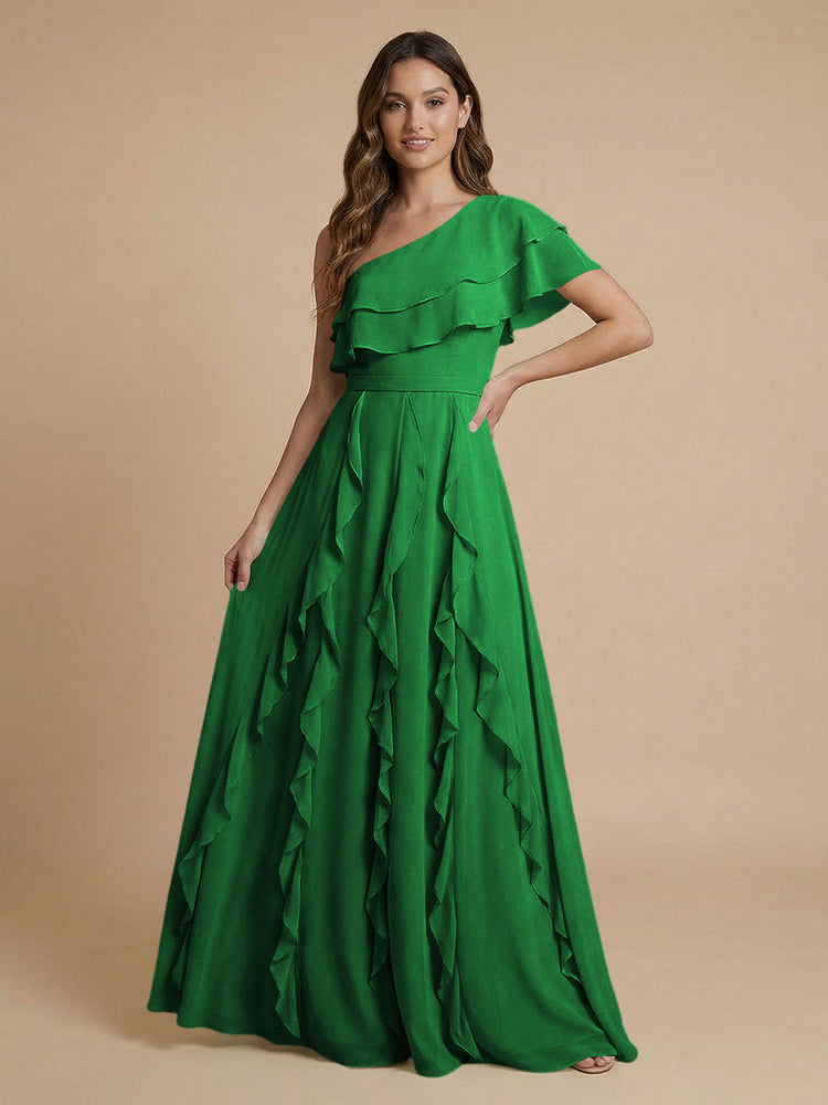 Chiffon A-Line One Shoulder Long Bridesmaid Dresses with Ruffles