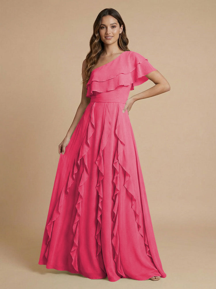 Chiffon A-Line One Shoulder Long Bridesmaid Dresses with Ruffles