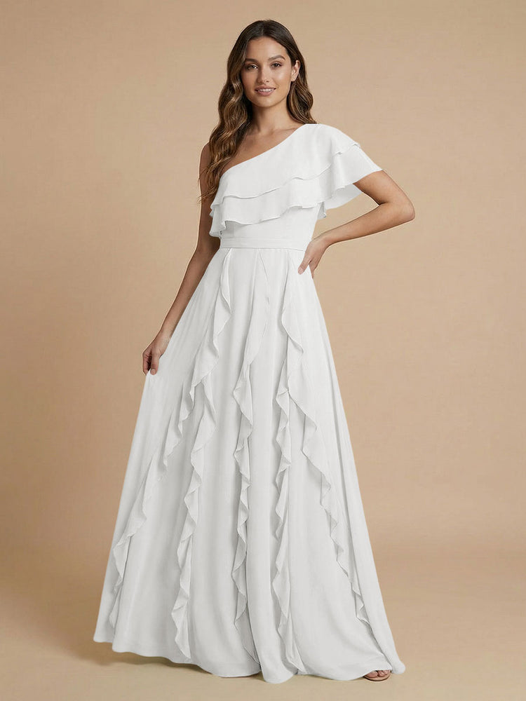 Chiffon A-Line One Shoulder Long Bridesmaid Dresses with Ruffles
