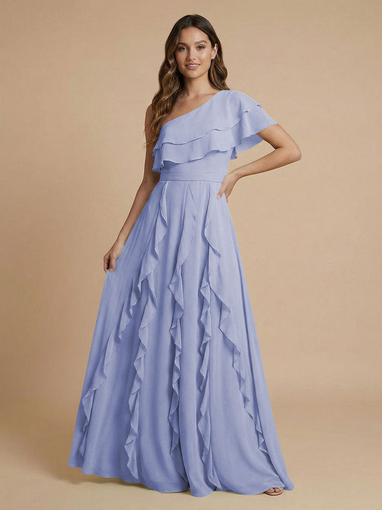 Chiffon A-Line One Shoulder Long Bridesmaid Dresses with Ruffles