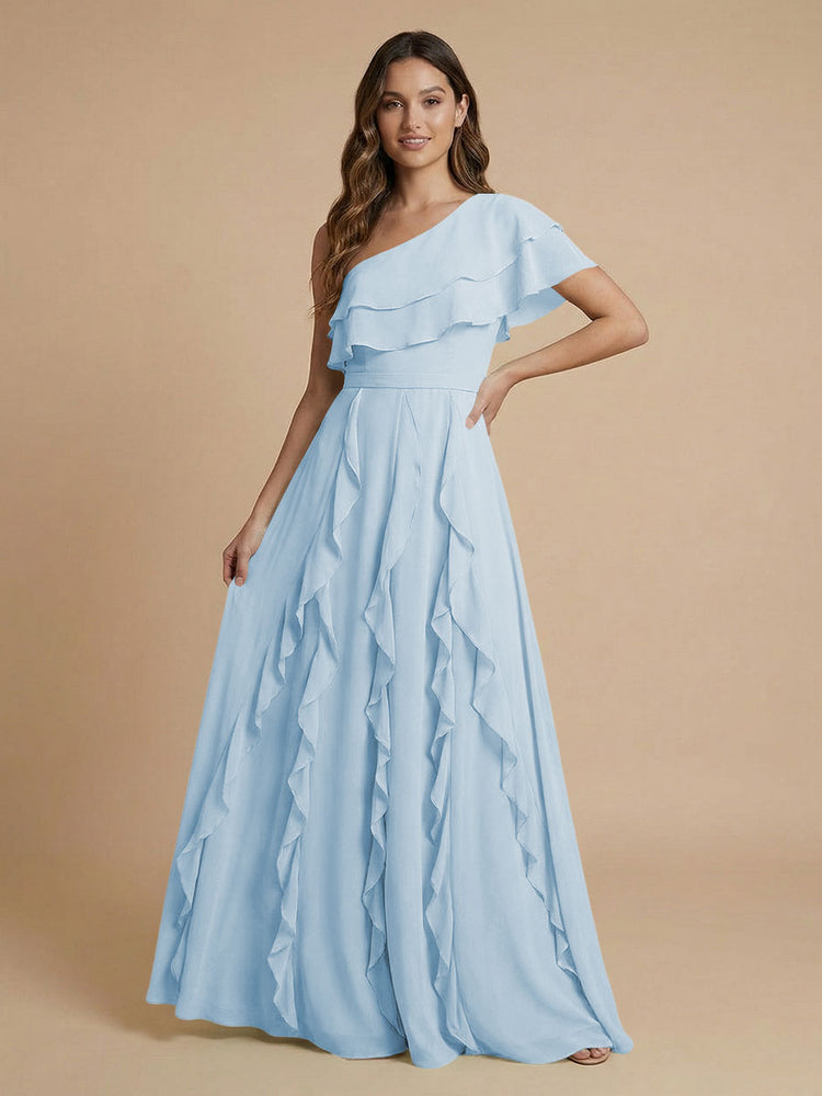 Chiffon A-Line One Shoulder Long Bridesmaid Dresses with Ruffles