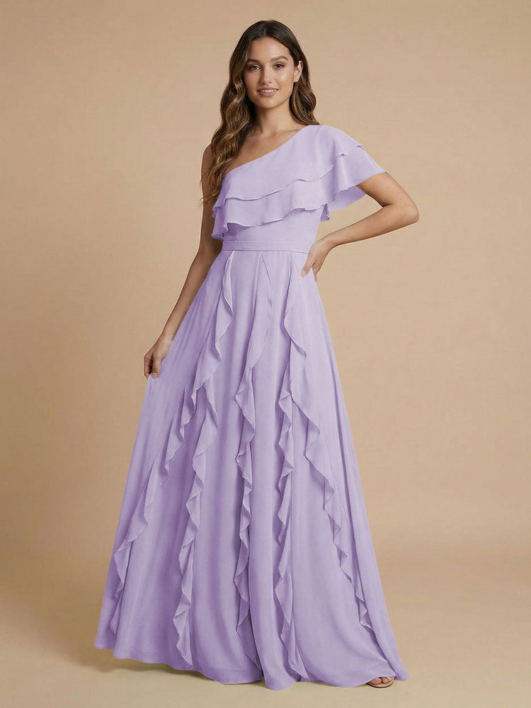 Chiffon A-Line One Shoulder Long Bridesmaid Dresses with Ruffles