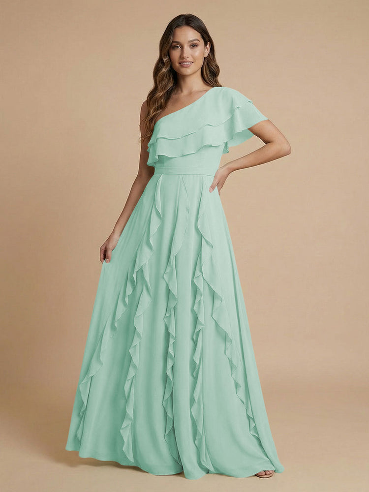 Chiffon A-Line One Shoulder Long Bridesmaid Dresses with Ruffles