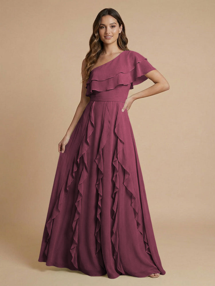 Chiffon A-Line One Shoulder Long Bridesmaid Dresses with Ruffles