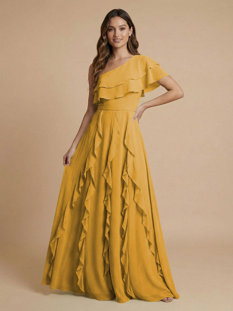 Chiffon A-Line One Shoulder Long Bridesmaid Dresses with Ruffles