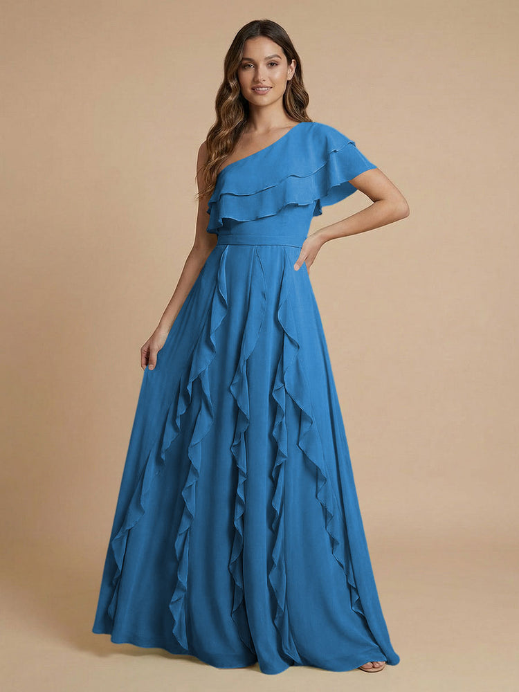 Chiffon A-Line One Shoulder Long Bridesmaid Dresses with Ruffles