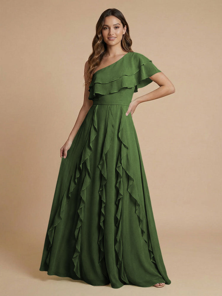 Chiffon A-Line One Shoulder Long Bridesmaid Dresses with Ruffles