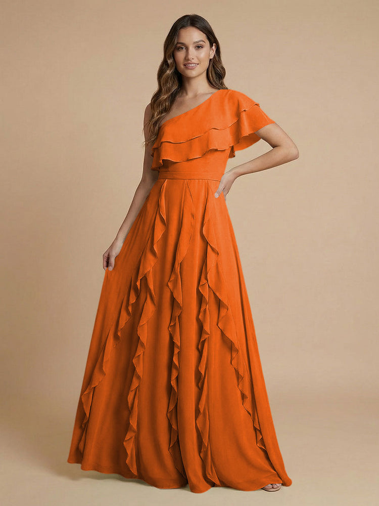 Chiffon A-Line One Shoulder Long Bridesmaid Dresses with Ruffles