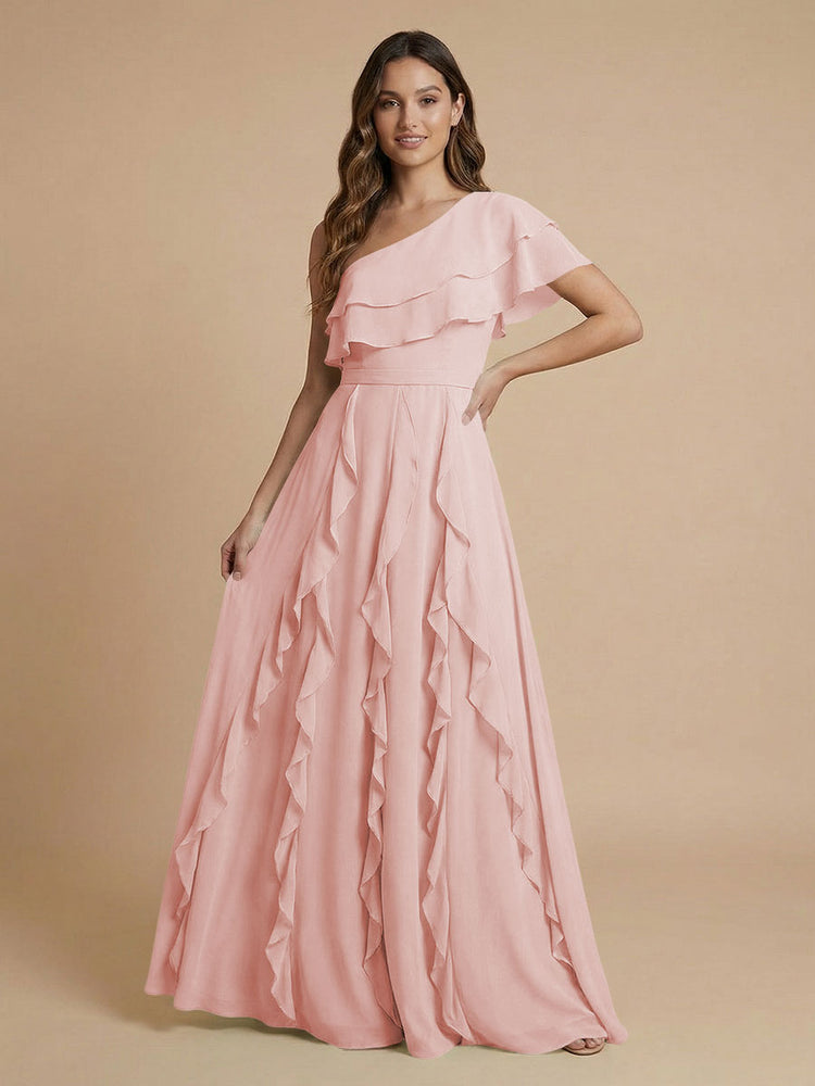 Chiffon A-Line One Shoulder Long Bridesmaid Dresses with Ruffles