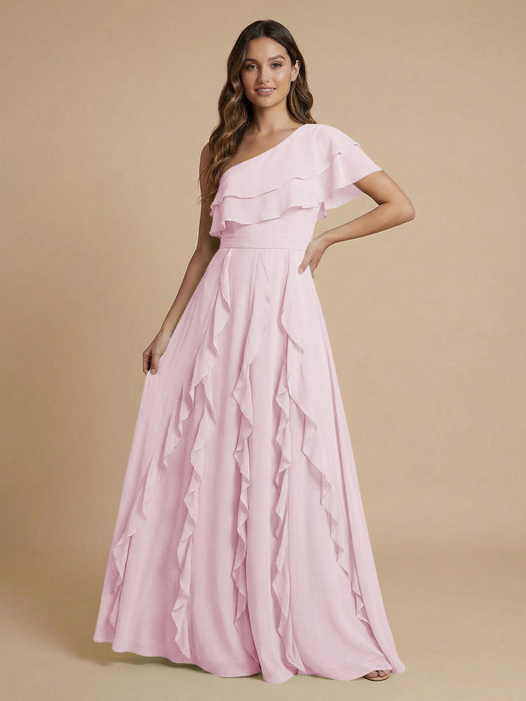 Chiffon A-Line One Shoulder Long Bridesmaid Dresses with Ruffles