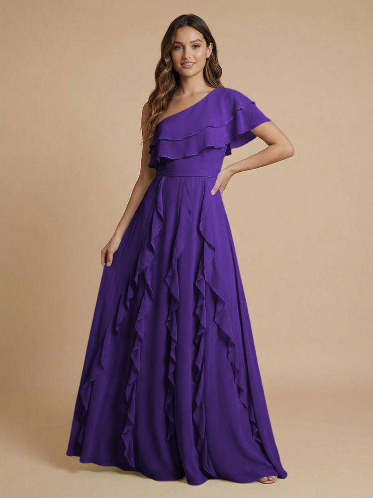 Chiffon A-Line One Shoulder Long Bridesmaid Dresses with Ruffles