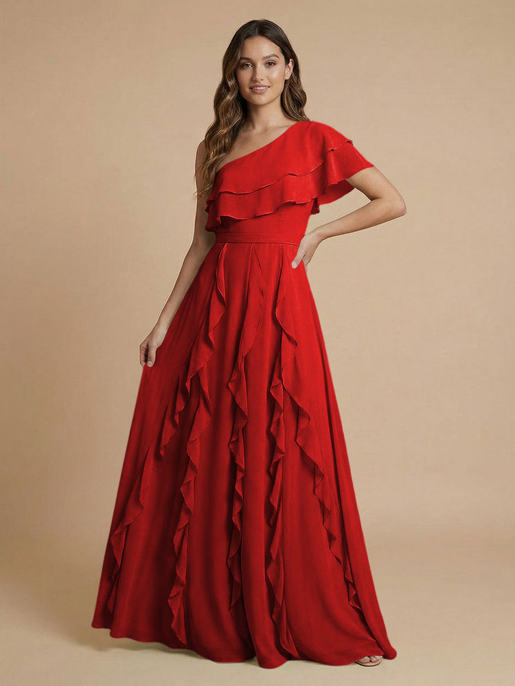 Chiffon A-Line One Shoulder Long Bridesmaid Dresses with Ruffles