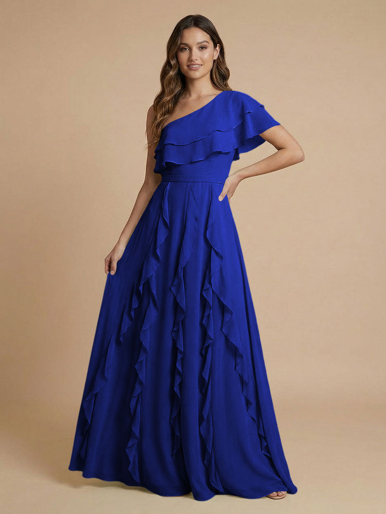 Chiffon A-Line One Shoulder Long Bridesmaid Dresses with Ruffles