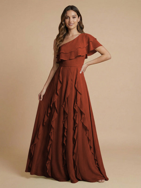 Chiffon A-Line One Shoulder Long Bridesmaid Dresses with Ruffles