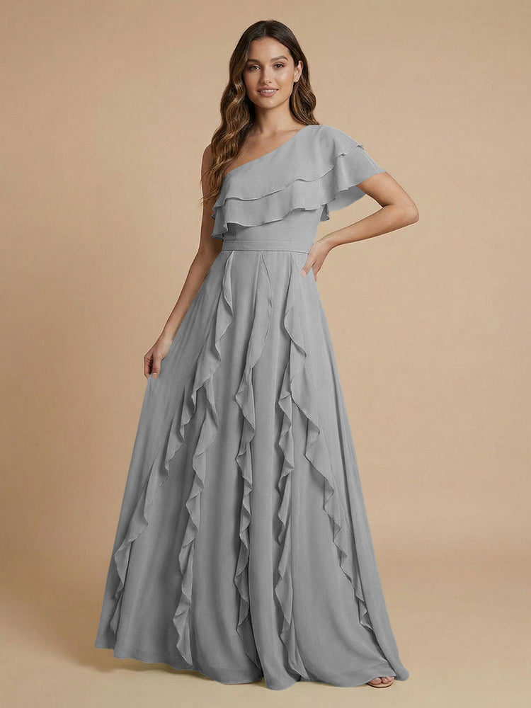 Chiffon A-Line One Shoulder Long Bridesmaid Dresses with Ruffles