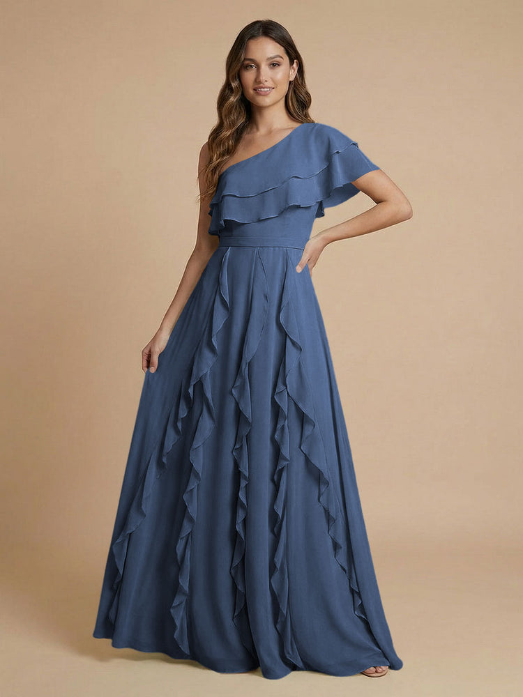 Chiffon A-Line One Shoulder Long Bridesmaid Dresses with Ruffles