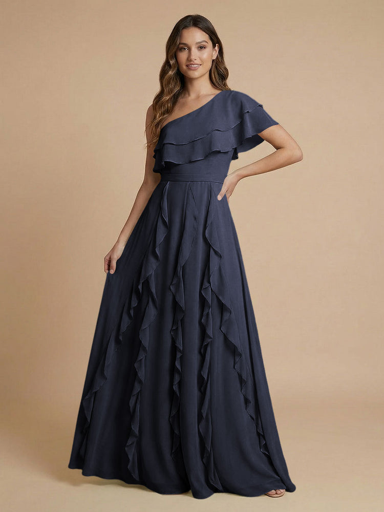 Chiffon A-Line One Shoulder Long Bridesmaid Dresses with Ruffles