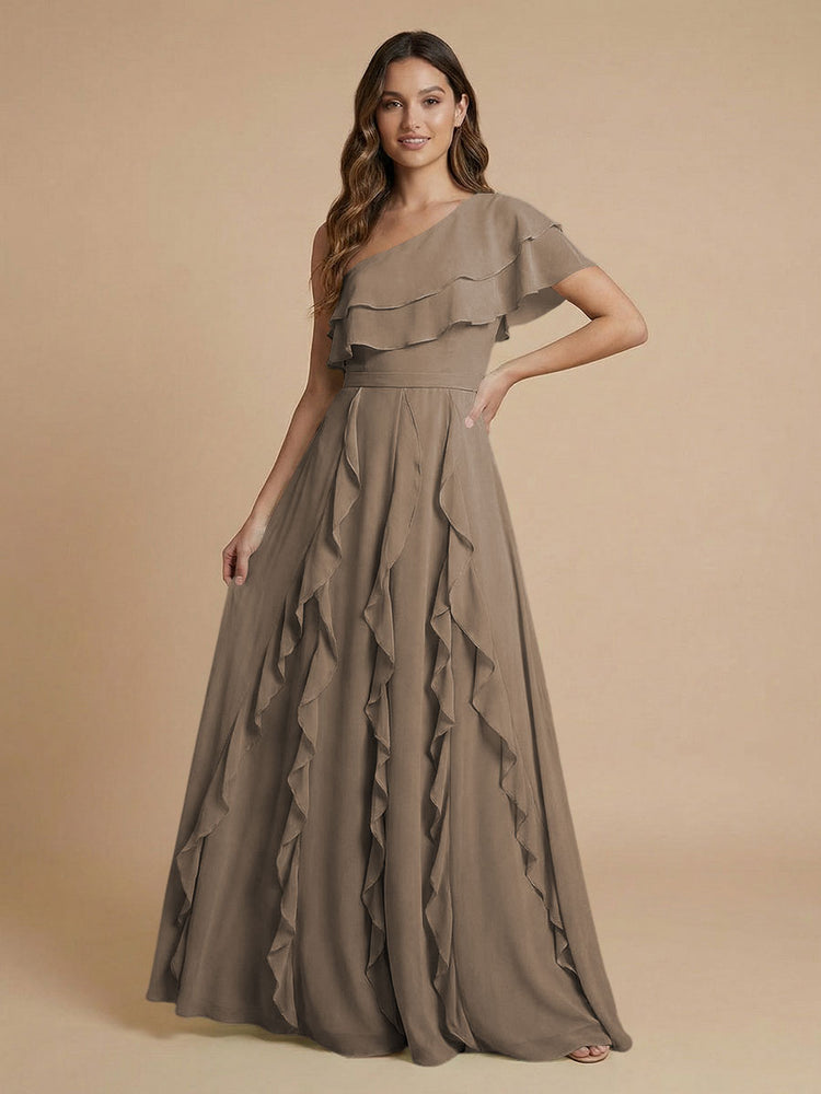 Chiffon A-Line One Shoulder Long Bridesmaid Dresses with Ruffles