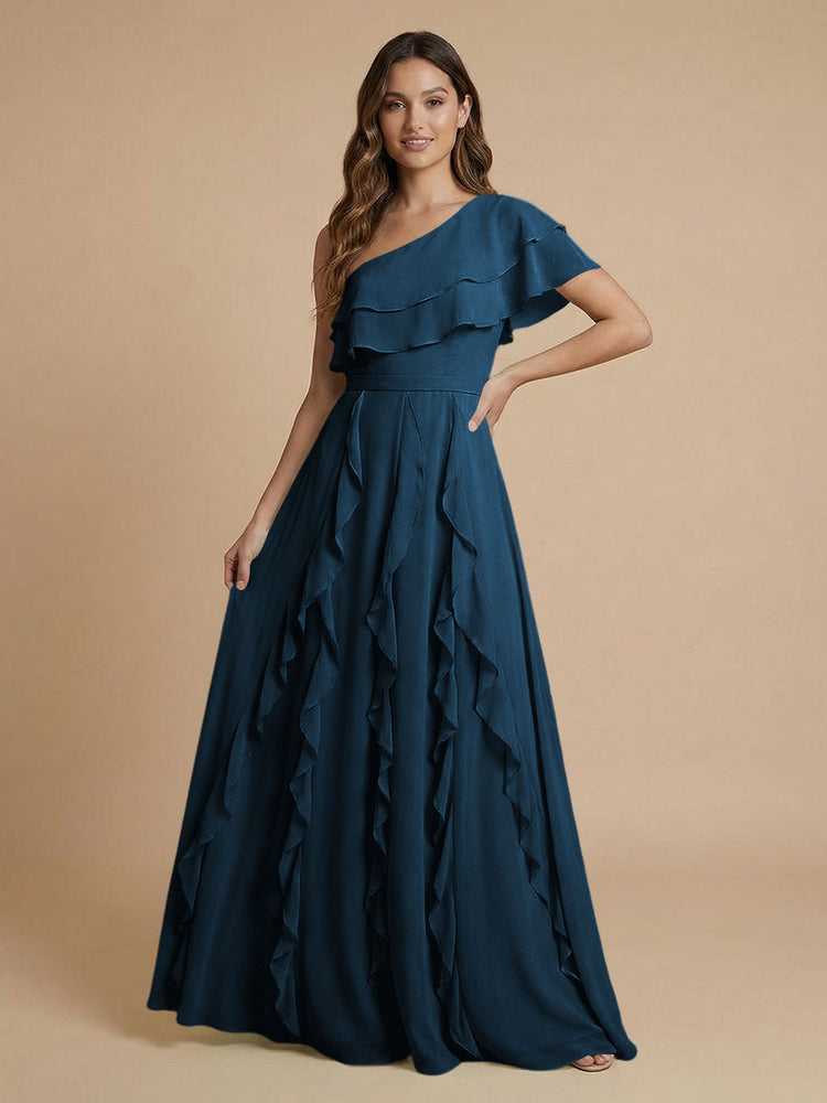Chiffon A-Line One Shoulder Long Bridesmaid Dresses with Ruffles