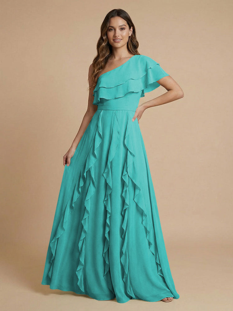 Chiffon A-Line One Shoulder Long Bridesmaid Dresses with Ruffles