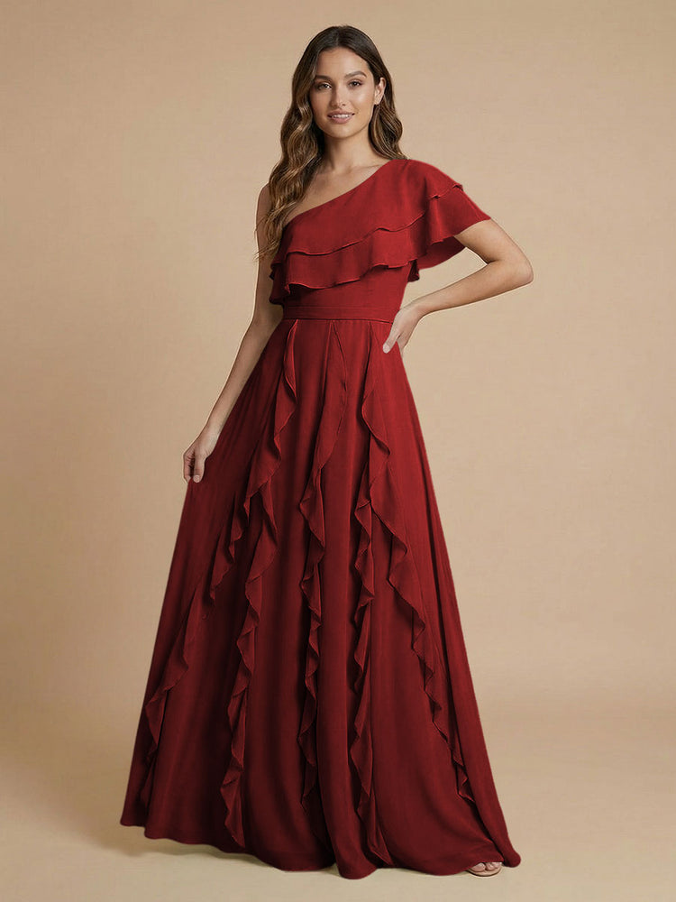 Chiffon A-Line One Shoulder Long Bridesmaid Dresses with Ruffles