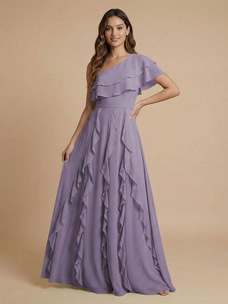 Chiffon A-Line One Shoulder Long Bridesmaid Dresses with Ruffles