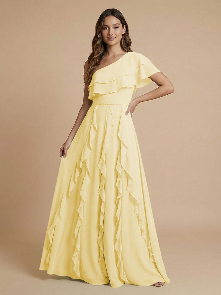 Chiffon A-Line One Shoulder Long Bridesmaid Dresses with Ruffles
