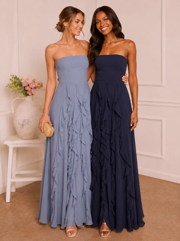 Chiffon A-Line Strapless Long Bridesmaid Dresses with Ruffles
