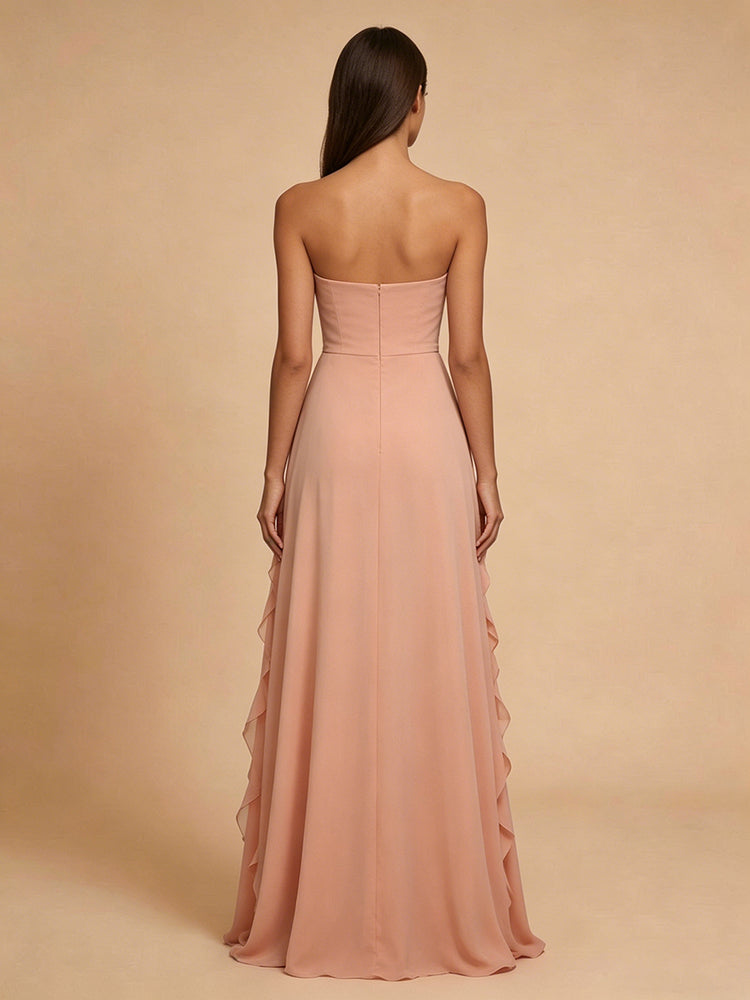 Chiffon A-Line Strapless Long Bridesmaid Dresses with Ruffles