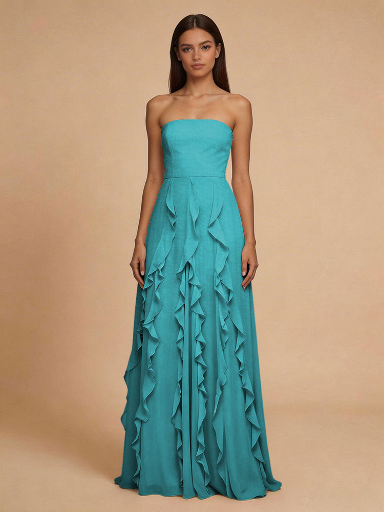 Chiffon A-Line Strapless Long Bridesmaid Dresses with Ruffles