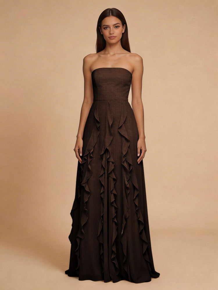 Chiffon A-Line Strapless Long Bridesmaid Dresses with Ruffles