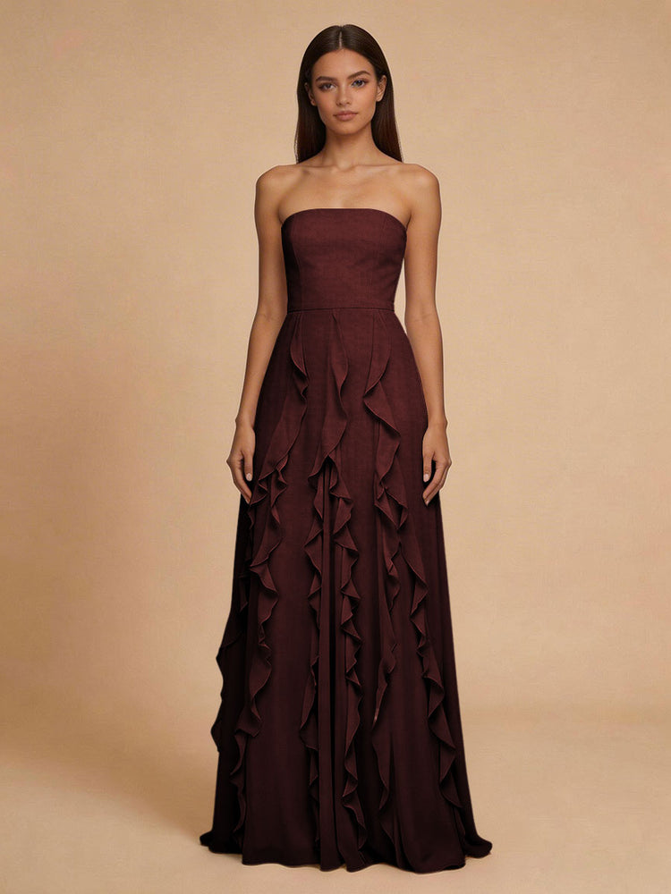 Chiffon A-Line Strapless Long Bridesmaid Dresses with Ruffles