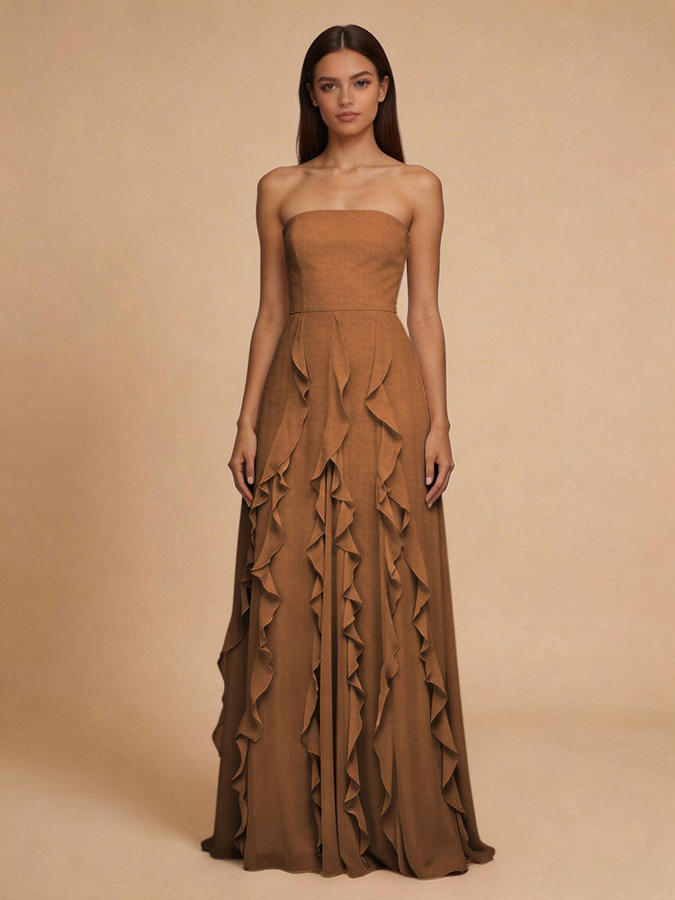 Chiffon A-Line Strapless Long Bridesmaid Dresses with Ruffles