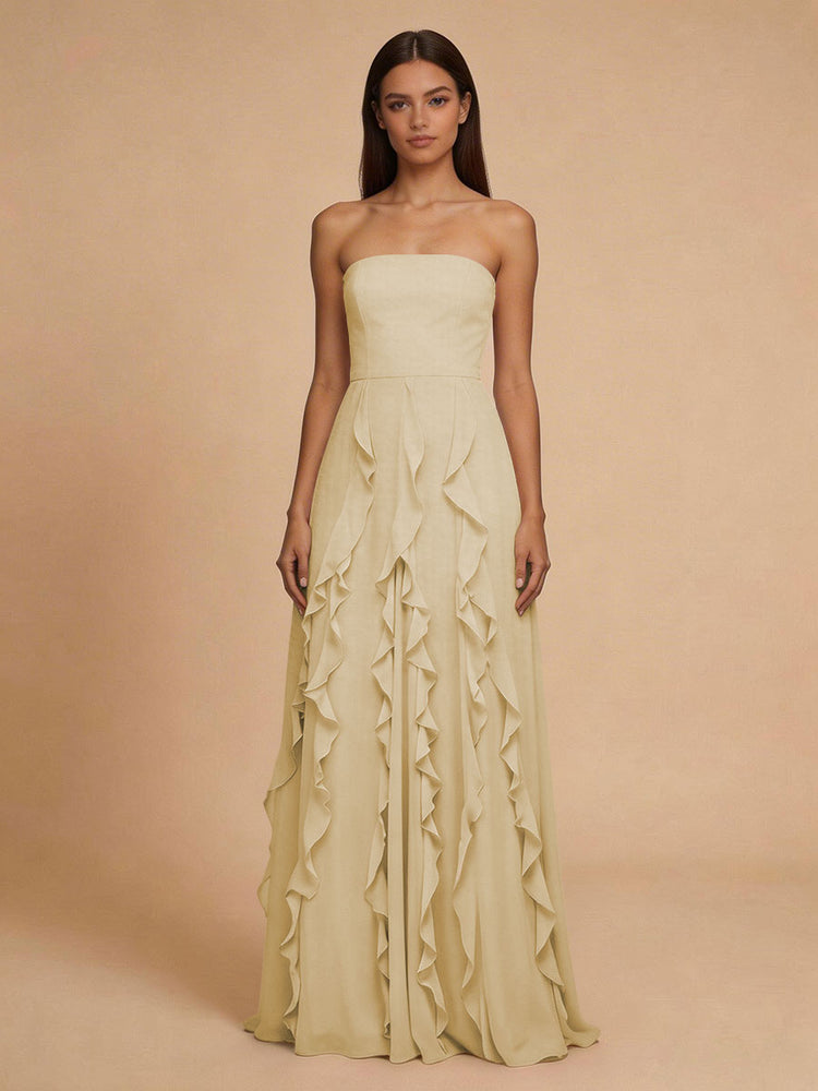 Chiffon A-Line Strapless Long Bridesmaid Dresses with Ruffles