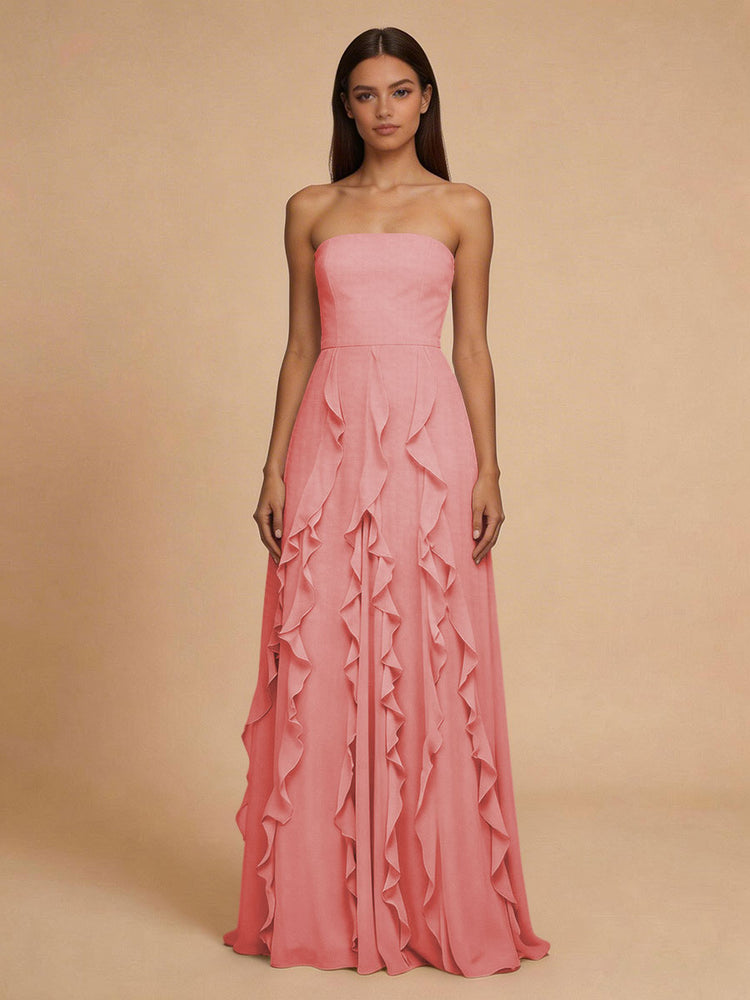 Chiffon A-Line Strapless Long Bridesmaid Dresses with Ruffles