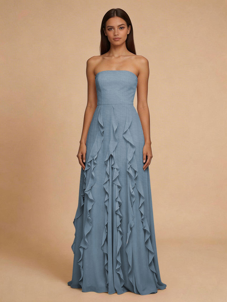Chiffon A-Line Strapless Long Bridesmaid Dresses with Ruffles