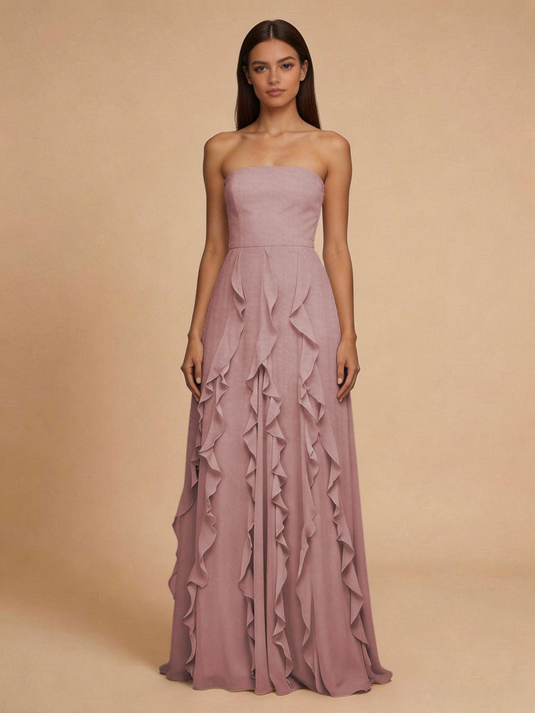 Chiffon A-Line Strapless Long Bridesmaid Dresses with Ruffles
